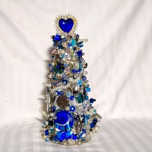 Blue Hand crafted costume jewelry tree. Decor, Christmas, gift, Valentine's day